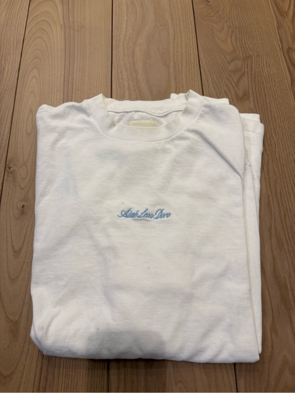 Aime Leon Dore White Crewneck with Light Blue Script Logo